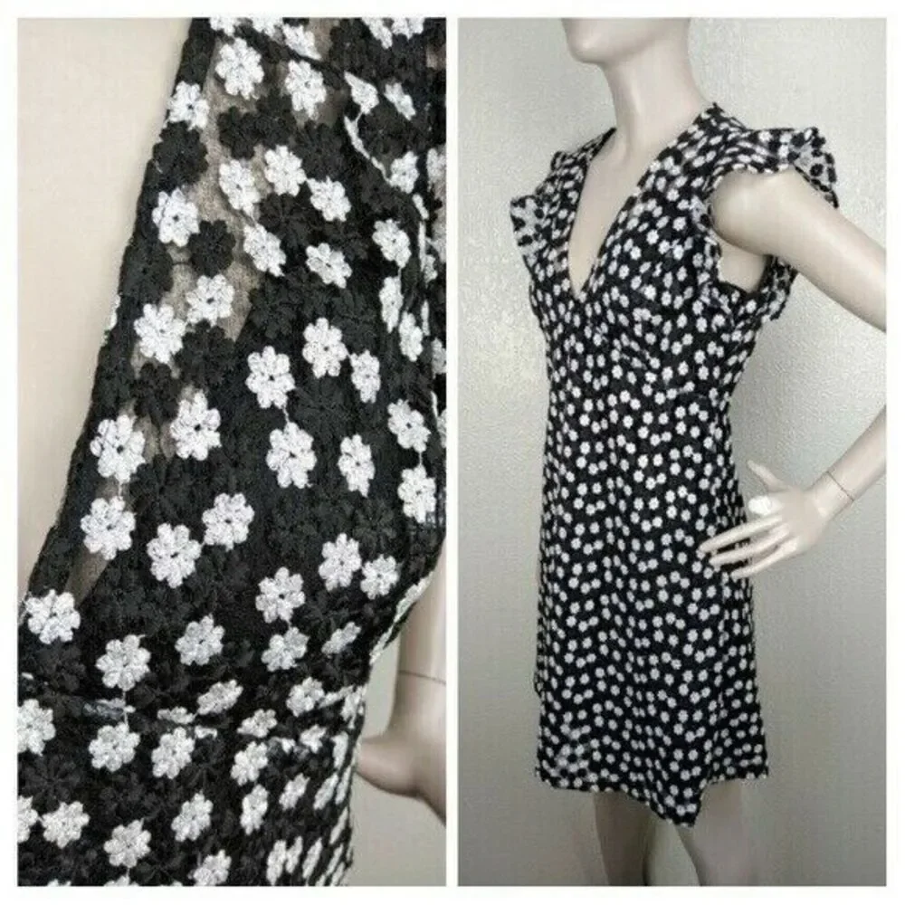 Michael Kors Daisy Floral Mesh Lace Flutter Sleeve Deep V-Neck Mini Dress NEW